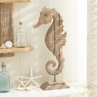 Large Nautical Driftwood Seahorse on Wooden Plinth