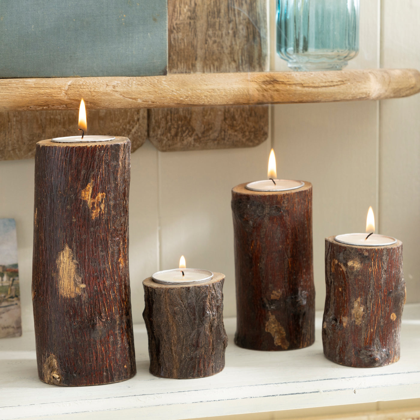 Rustic Log Tealight Candle Holders - Set of 4 Natural Wood Tealight Stands