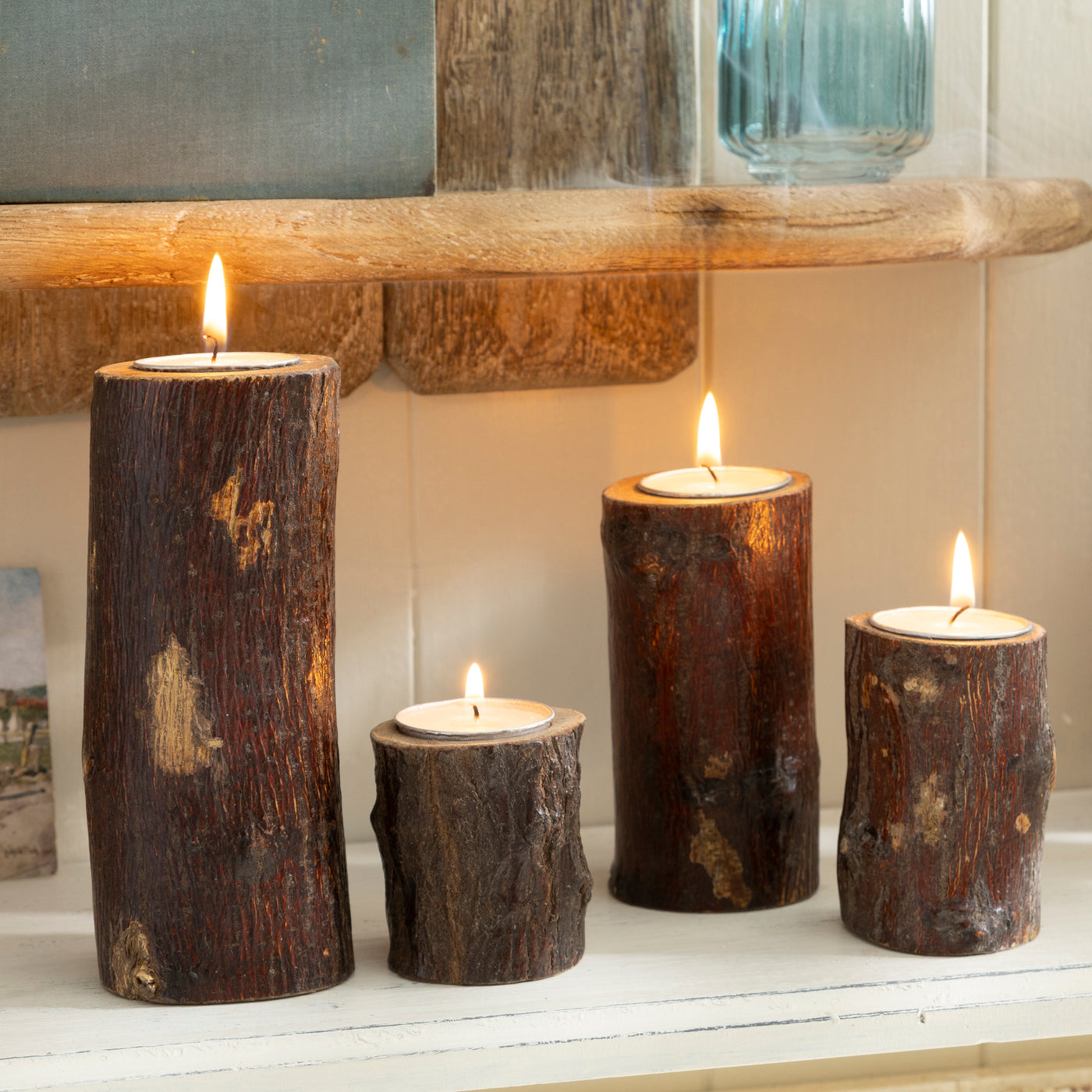 Rustic Log Tealight Candle Holders - Set of 4 Natural Wood Tealight Stands