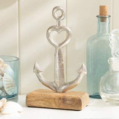 Heart-Inspired Anchor Sculpture - Metal and Wood Nautical Decor