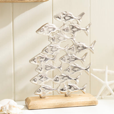 Nautical Metal School of Fish Sculpture on Wooden Plinth