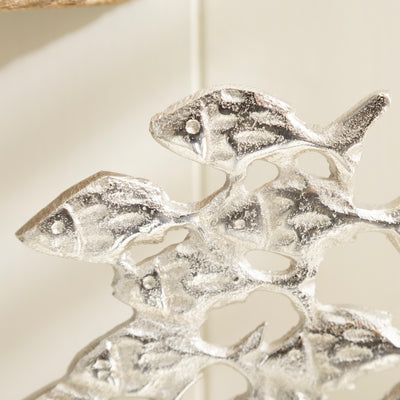 Nautical Metal School of Fish Sculpture on Wooden Plinth