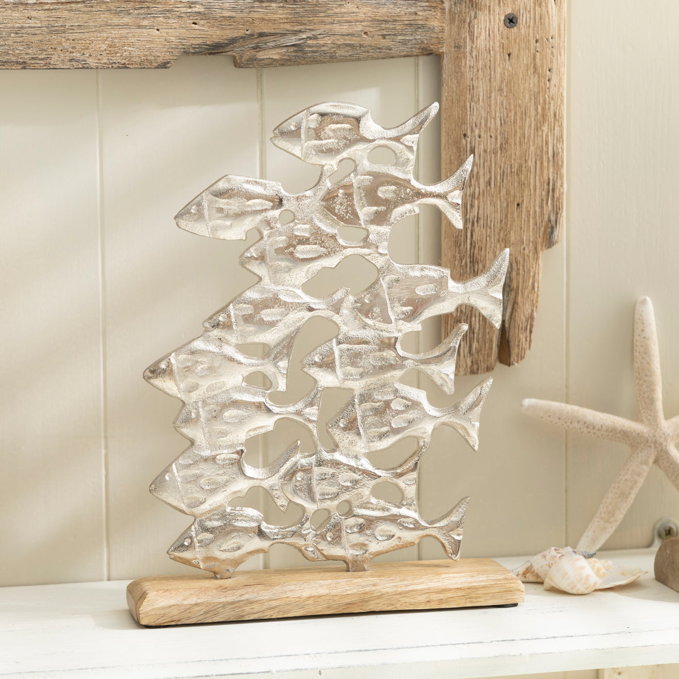 Nautical Metal School of Fish Sculpture on Wooden Plinth
