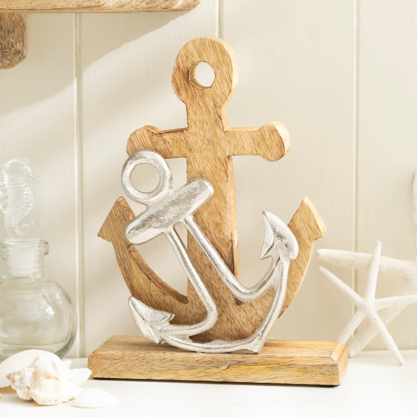 Rustic Anchor Sculpture - Metal and Wood Nautical Decor Accent
