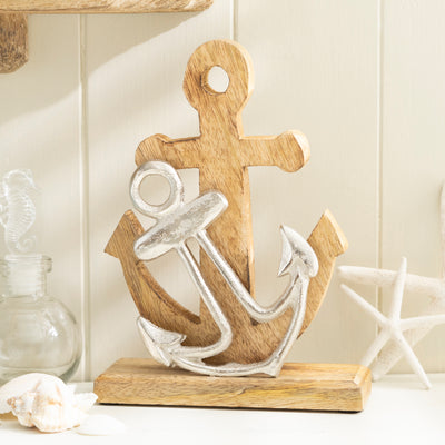 Rustic Anchor Sculpture - Metal and Wood Nautical Decor Accent