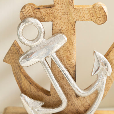 Rustic Anchor Sculpture - Metal and Wood Nautical Decor Accent