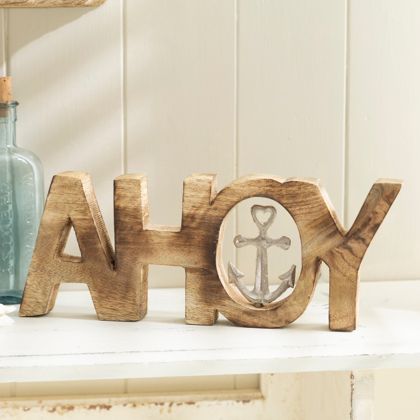 Rustic "Ahoy" Anchor Sign - Wooden Nautical Decor with Heart-Inspired Metal Anchor