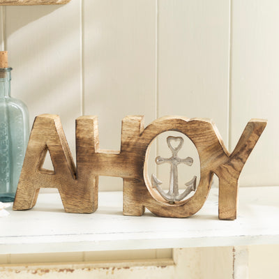 Rustic "Ahoy" Anchor Sign - Wooden Nautical Decor with Heart-Inspired Metal Anchor