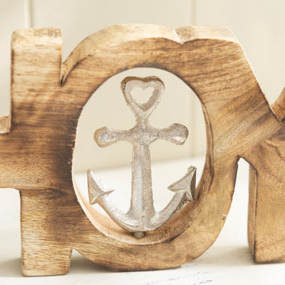Rustic "Ahoy" Anchor Sign - Wooden Nautical Decor with Heart-Inspired Metal Anchor