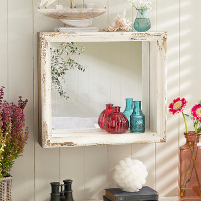 Distressed White Wooden Frame Mirror – Rustic Vintage Wall Decor