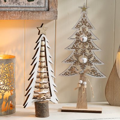 Wooden Christmas Tree Decor with Bells and Beads – Rustic Holiday Shelf Sitters