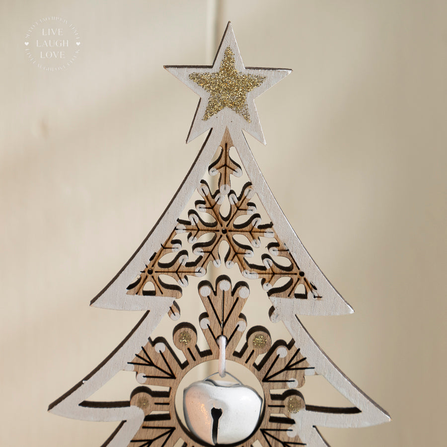 Wooden Christmas Tree Decor with Bells and Beads – Rustic Holiday Shelf Sitters