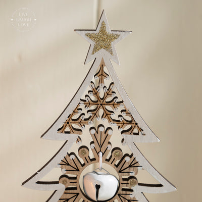 Wooden Christmas Tree Decor with Bells and Beads – Rustic Holiday Shelf Sitters