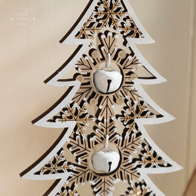 Wooden Christmas Tree Decor with Bells and Beads – Rustic Holiday Shelf Sitters