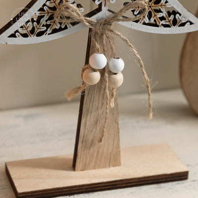 Wooden Christmas Tree Decor with Bells and Beads – Rustic Holiday Shelf Sitters