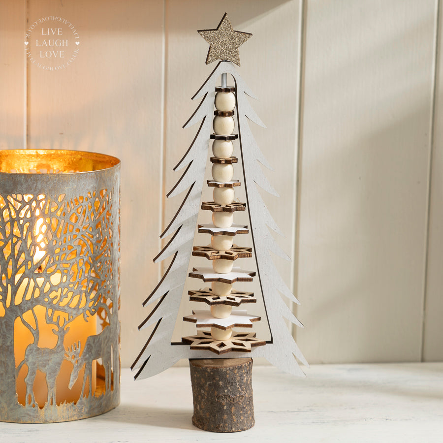 Wooden Christmas Tree Decor with Bells and Beads – Rustic Holiday Shelf Sitters