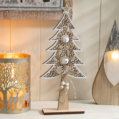 Wooden Christmas Tree Decor with Bells and Beads – Rustic Holiday Shelf Sitters