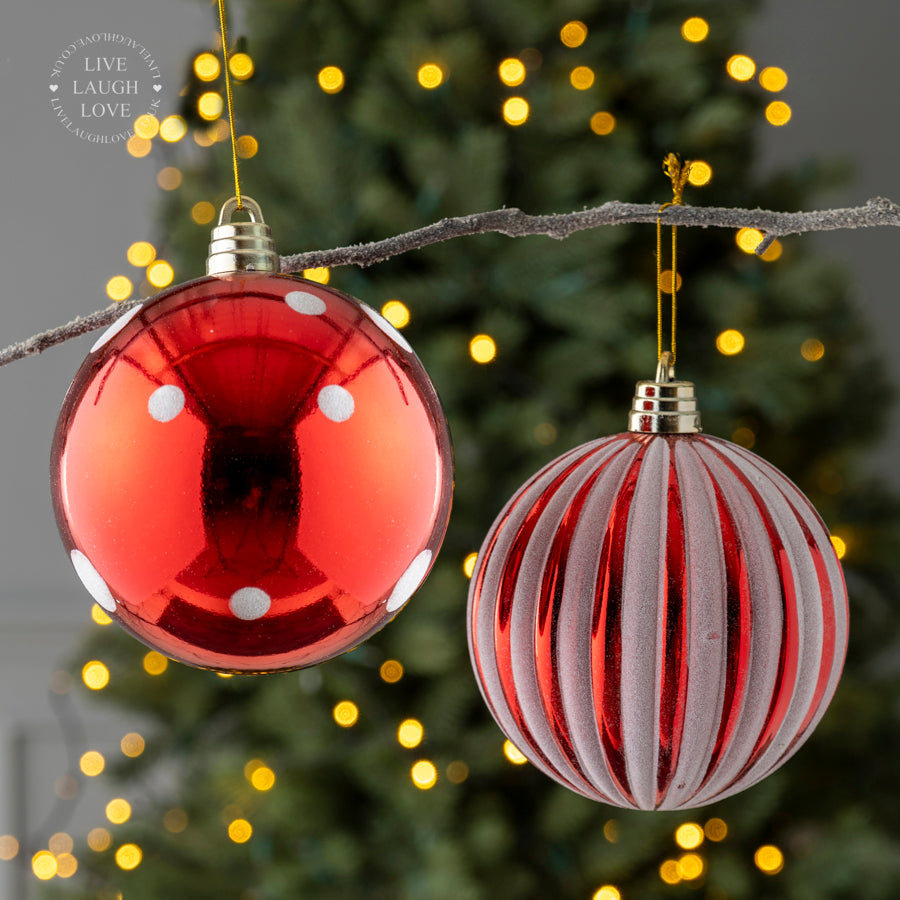 Large Red and White Glitter Bauble – Dotted & Striped Designs
