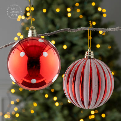 Large Red and White Glitter Bauble – Dotted & Striped Designs