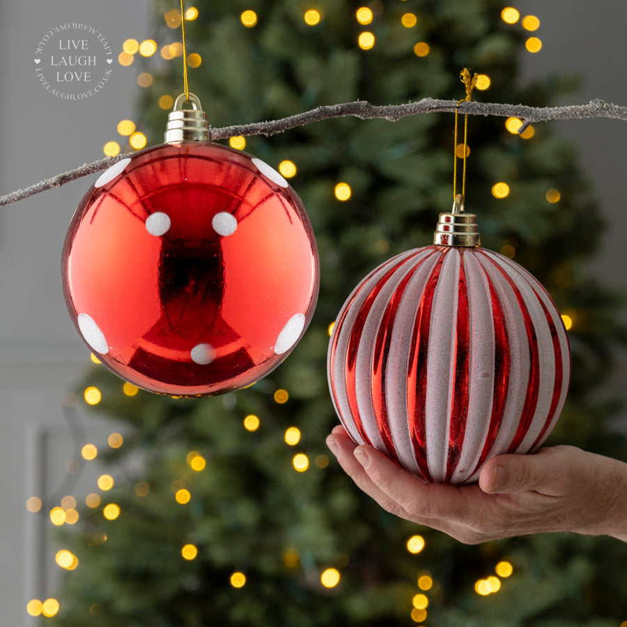 Large Red and White Glitter Bauble – Dotted & Striped Designs