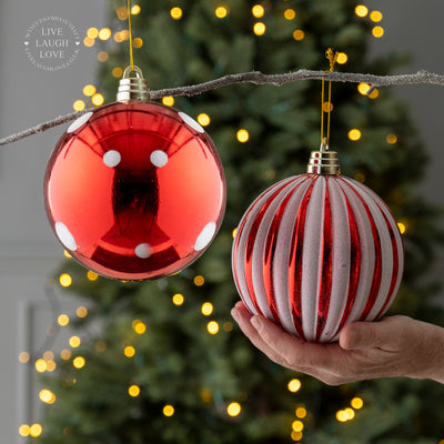Large Red and White Glitter Bauble – Dotted & Striped Designs