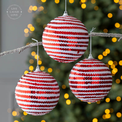 Set of 3 Red and White Sequin Baubles – Festive Christmas Ornaments