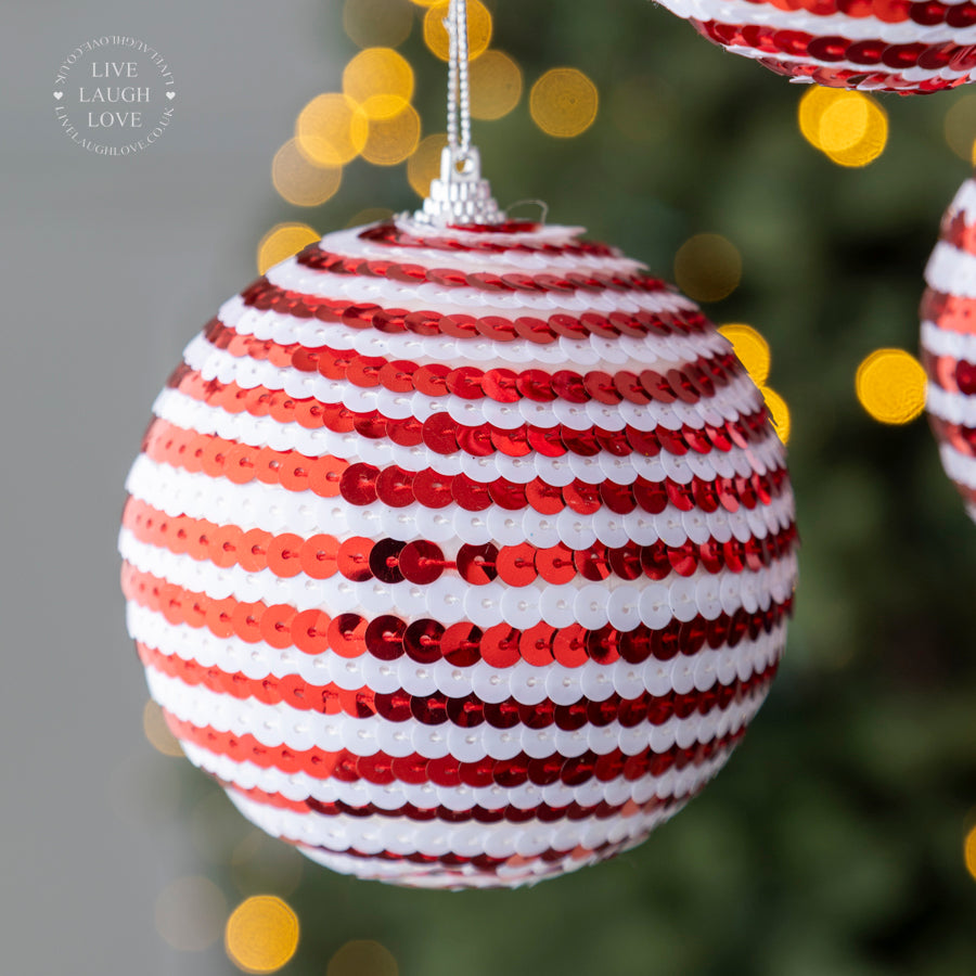 Set of 3 Red and White Sequin Baubles – Festive Christmas Ornaments