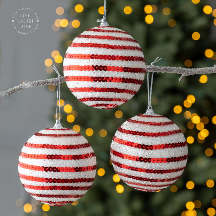 Set of 3 Red and White Sparkling Sequin Baubles – Festive Christmas Ornaments