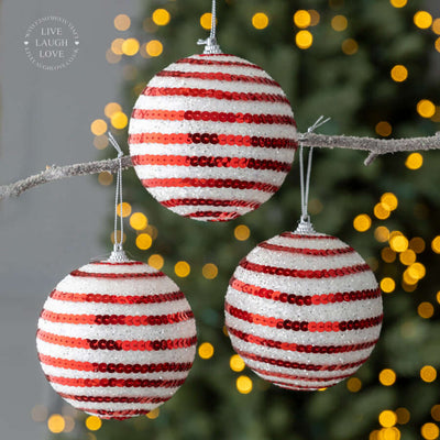 Set of 3 Red and White Sparkling Sequin Baubles – Festive Christmas Ornaments