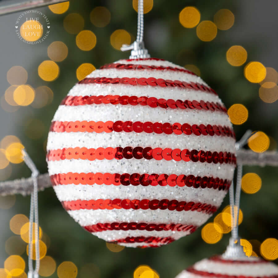 Set of 3 Red and White Sparkling Sequin Baubles – Festive Christmas Ornaments