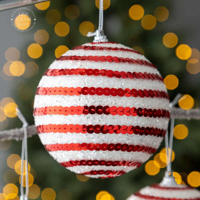 Set of 3 Red and White Sparkling Sequin Baubles – Festive Christmas Ornaments