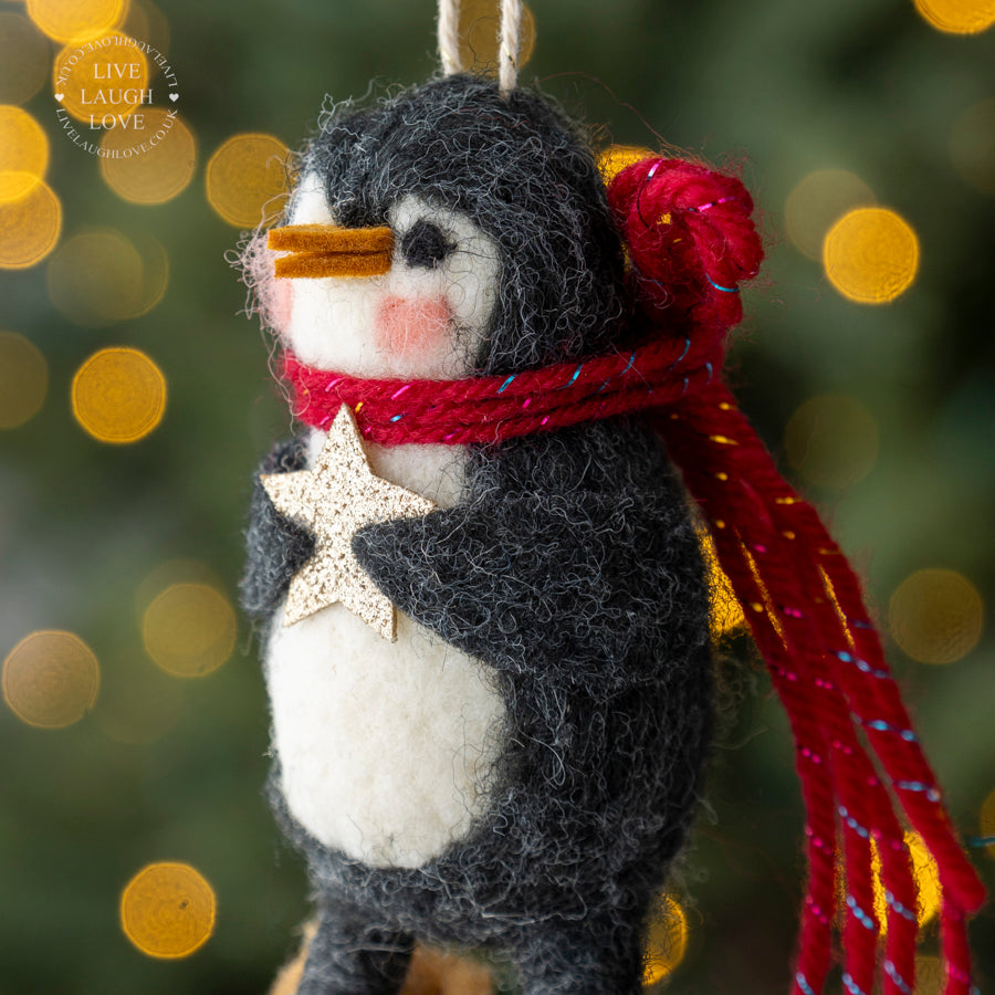 Wool Felt Penguin Christmas Ornament with Star