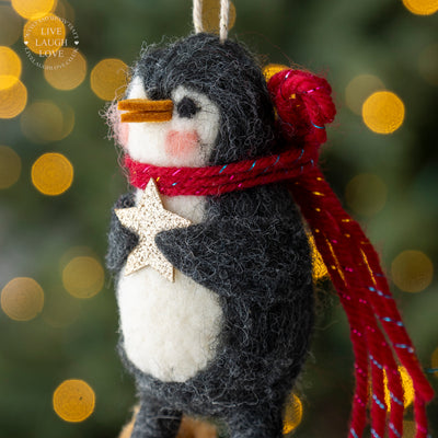Wool Felt Penguin Christmas Ornament with Star