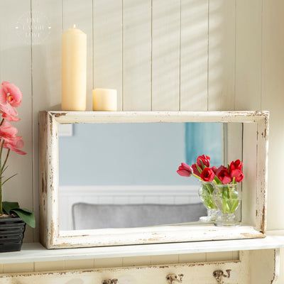 Large Distressed White Wooden Frame Mirror – Rustic Vintage Wall Decor