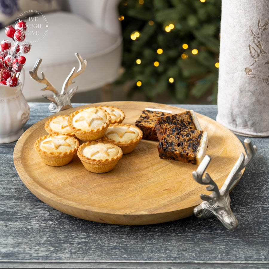 Rustic Wooden Cake Stand with Silver Deer Antler Accents - Decorative Serving Tray