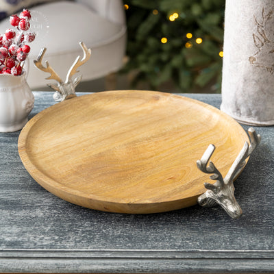 Rustic Wooden Cake Stand with Silver Deer Antler Accents - Decorative Serving Tray