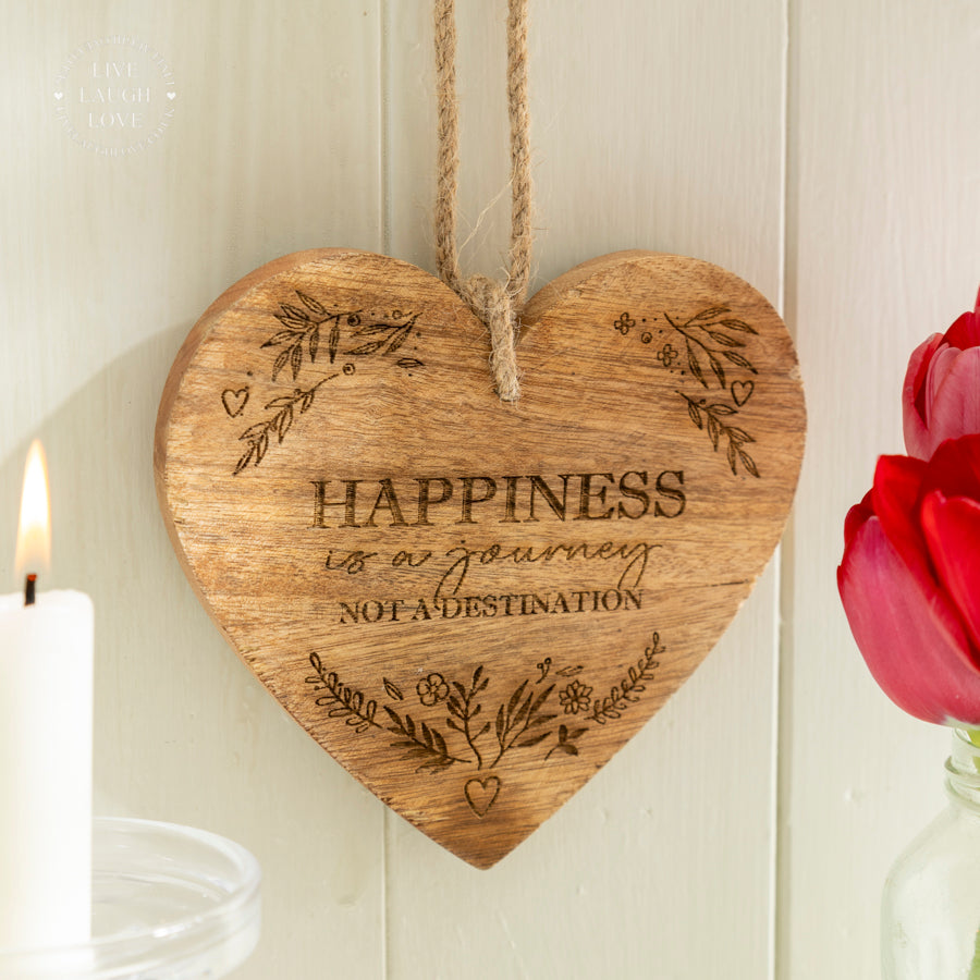 Engraved Wooden Heart Hanging Plaque - "Happiness"