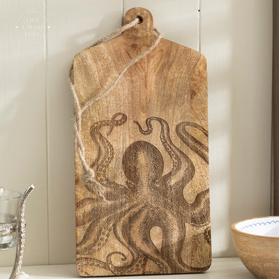 Natural Wood Cheese Board with Octopus Design