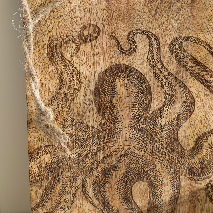 Natural Wood Cheese Board with Octopus Design