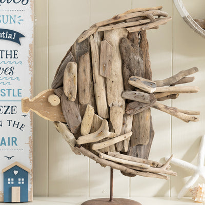 Driftwood Angel Fish Ornament on Metal Stand - Rustic Coastal Decor
