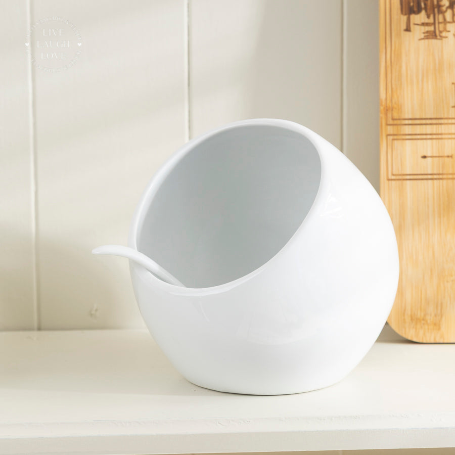 White Porcelain Salt Pig with Spoon - Classic Kitchen Storage