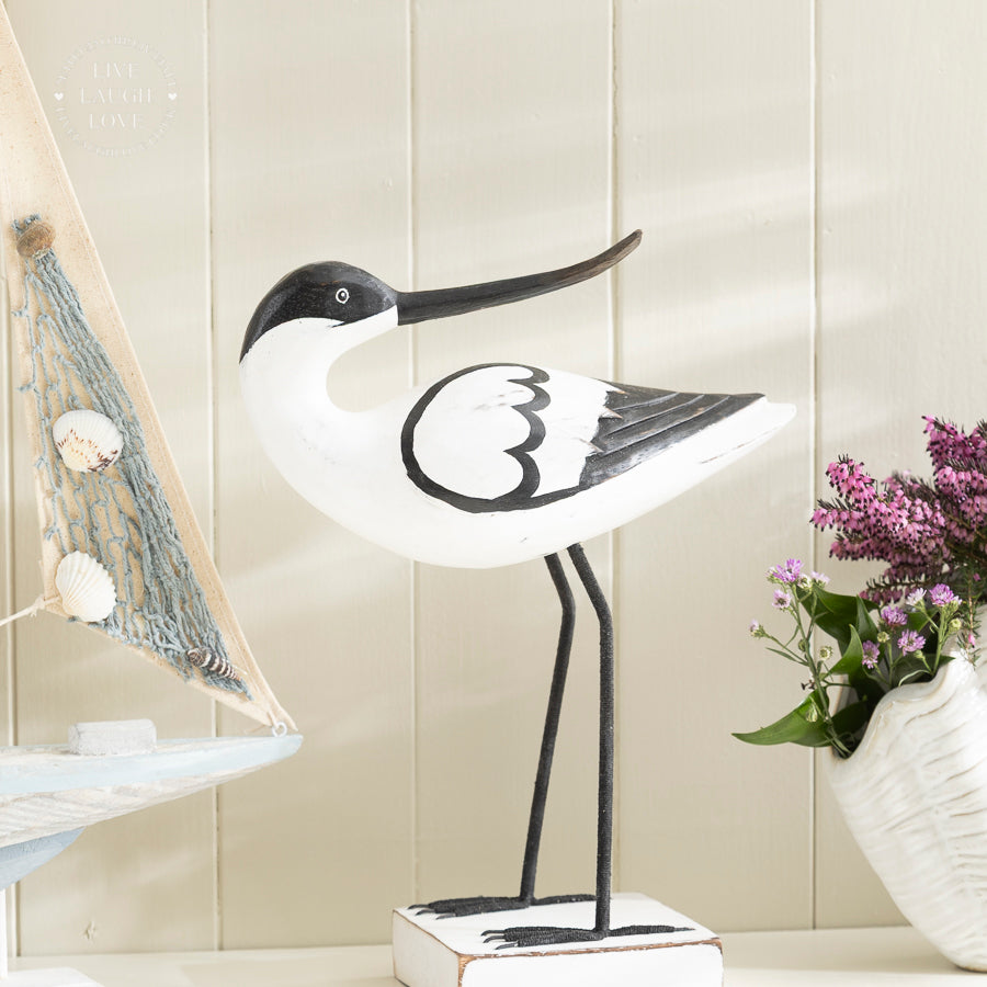 Large Wooden Avocet on Wooden Plinth Nautical Shelf Sitter