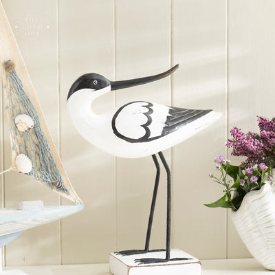 Large Wooden Avocet on Wooden Plinth Nautical Shelf Sitter