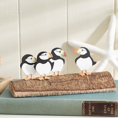 Nautical Decorative Puffin Figurines on Driftwood