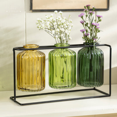 Vintage Glass Bottle Trio in Metal Stand
