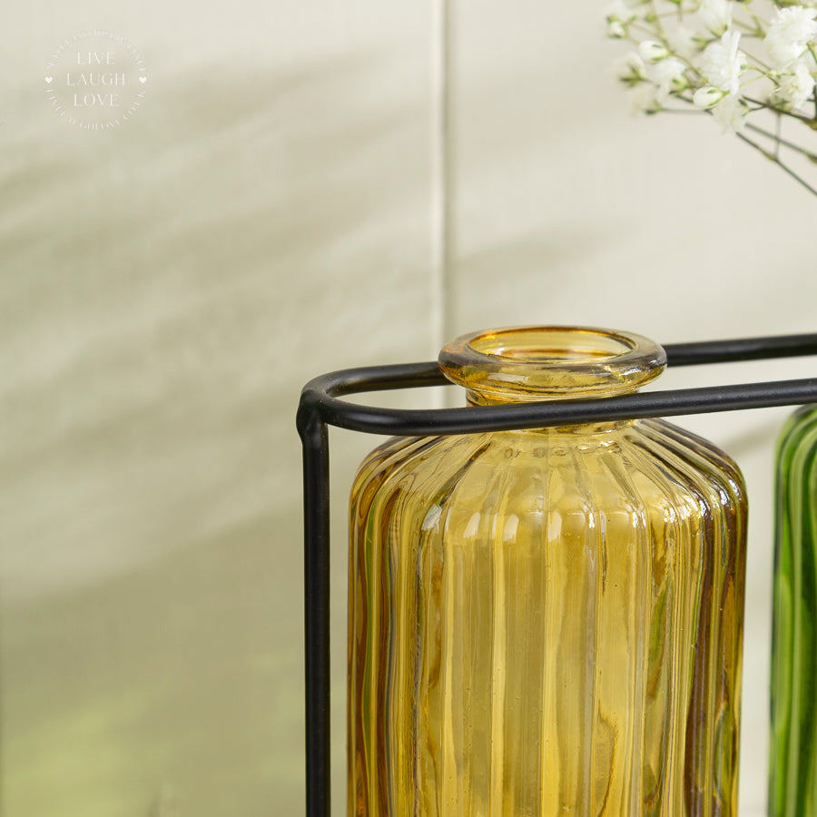 Vintage Glass Bottle Trio in Metal Stand
