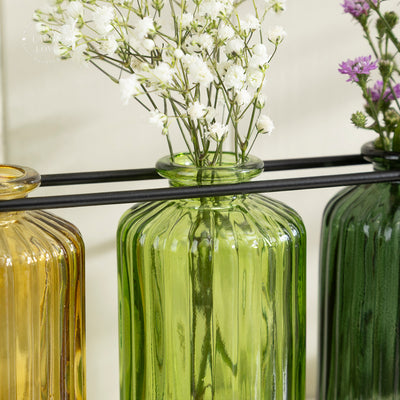 Vintage Glass Bottle Trio in Metal Stand