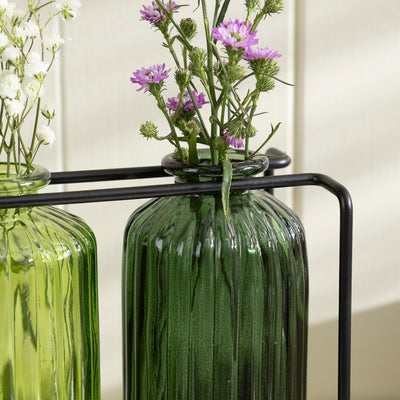 Vintage Glass Bottle Trio in Metal Stand