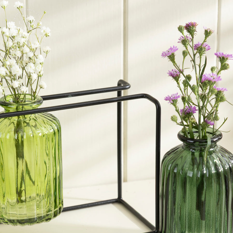 Vintage Glass Bottle Trio in Metal Stand