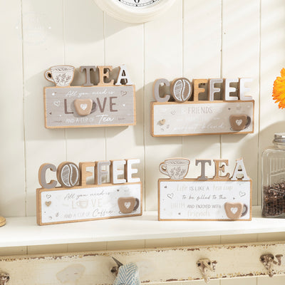 Rustic Coffee or Tea Wooden Plaque - Kitchen Shelf Decor